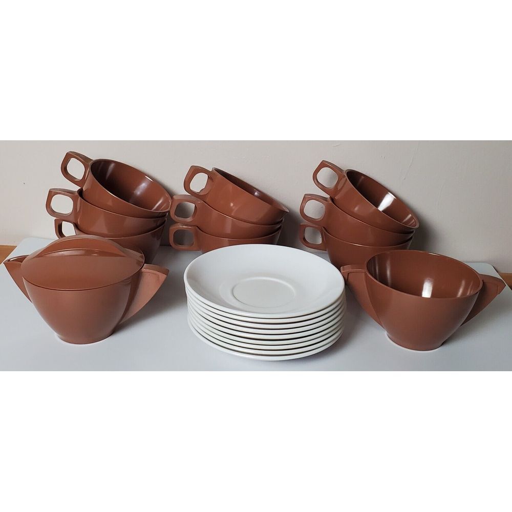 Vintage MCM Melmac Eagle Chocolate Brown‎ White Cups Mugs Saucers Cream Sugar